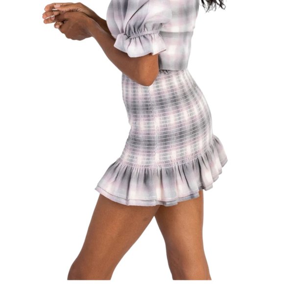 KOCH Smocked Ruffle Mini Skirt, USA, NWT, Gray Plaid,S - Picture 5 of 9